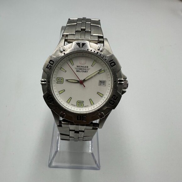 Wenger Swiss Military Watch Men Silver Tone White Dial Date Window New Battery - Picture 2 of 14